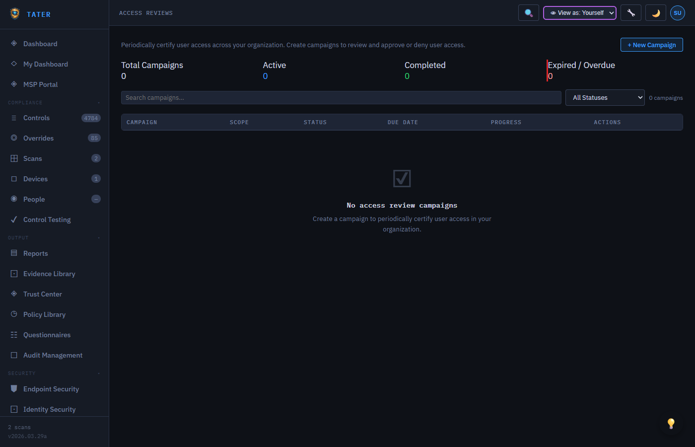 TATER Access Reviews showing review campaigns with approval status