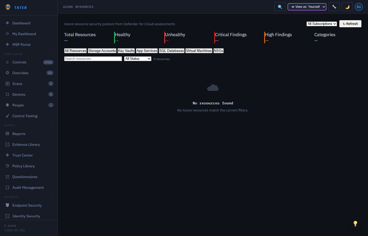 TATER Azure Resources showing scanned resources with compliance status