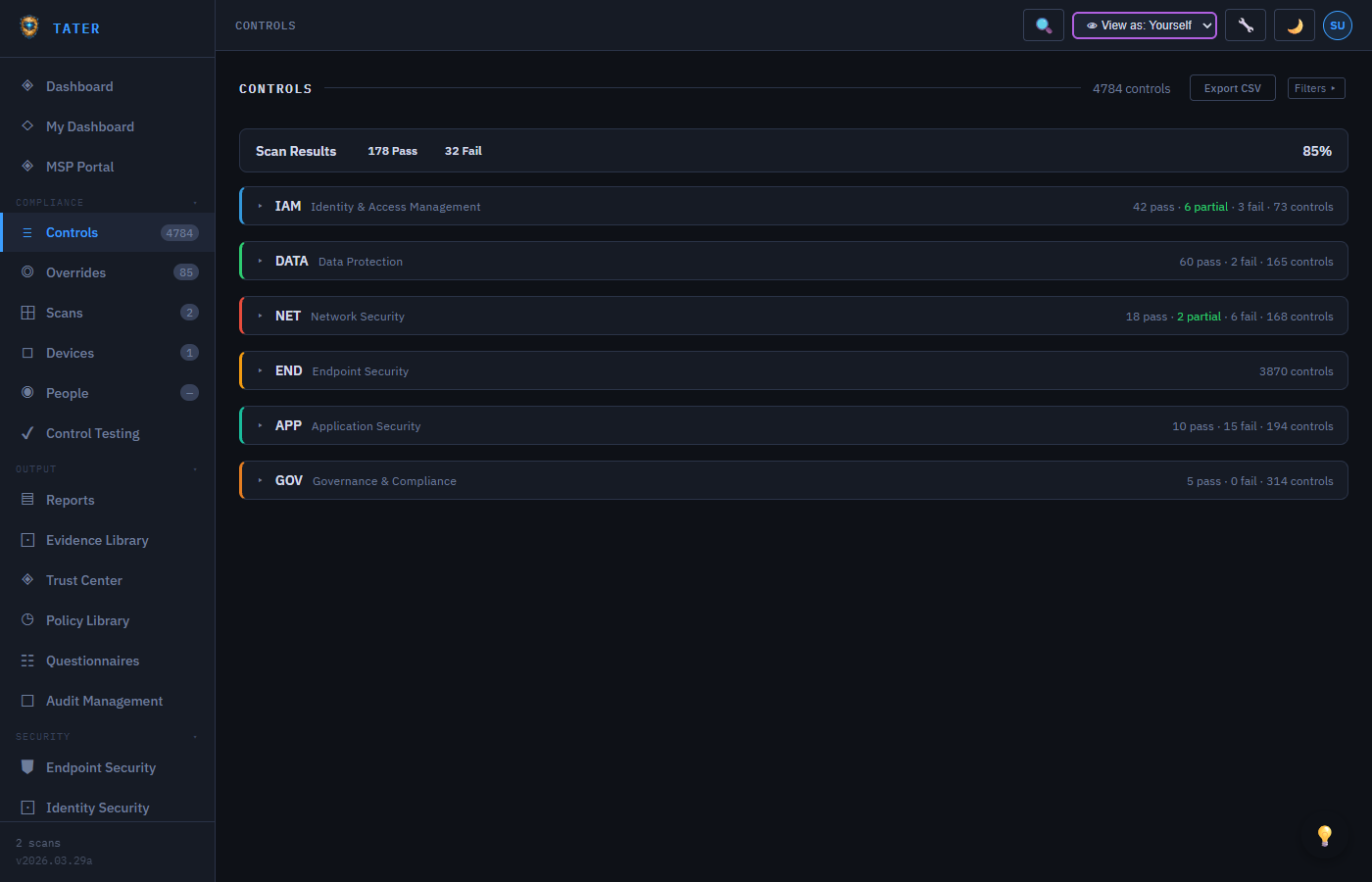 TATER Controls page showing unified control view with framework mappings