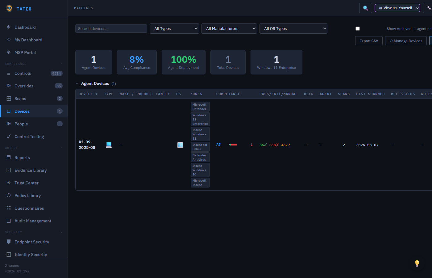 TATER Devices page showing fleet overview with device list and MDE status