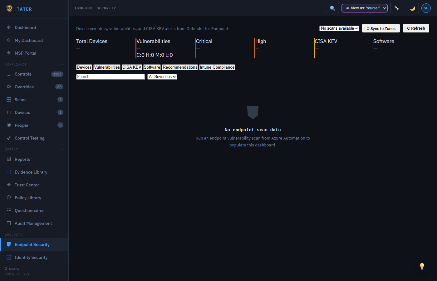 TATER Endpoint Security dashboard showing vulnerability summary, devices, and CISA KEV data
