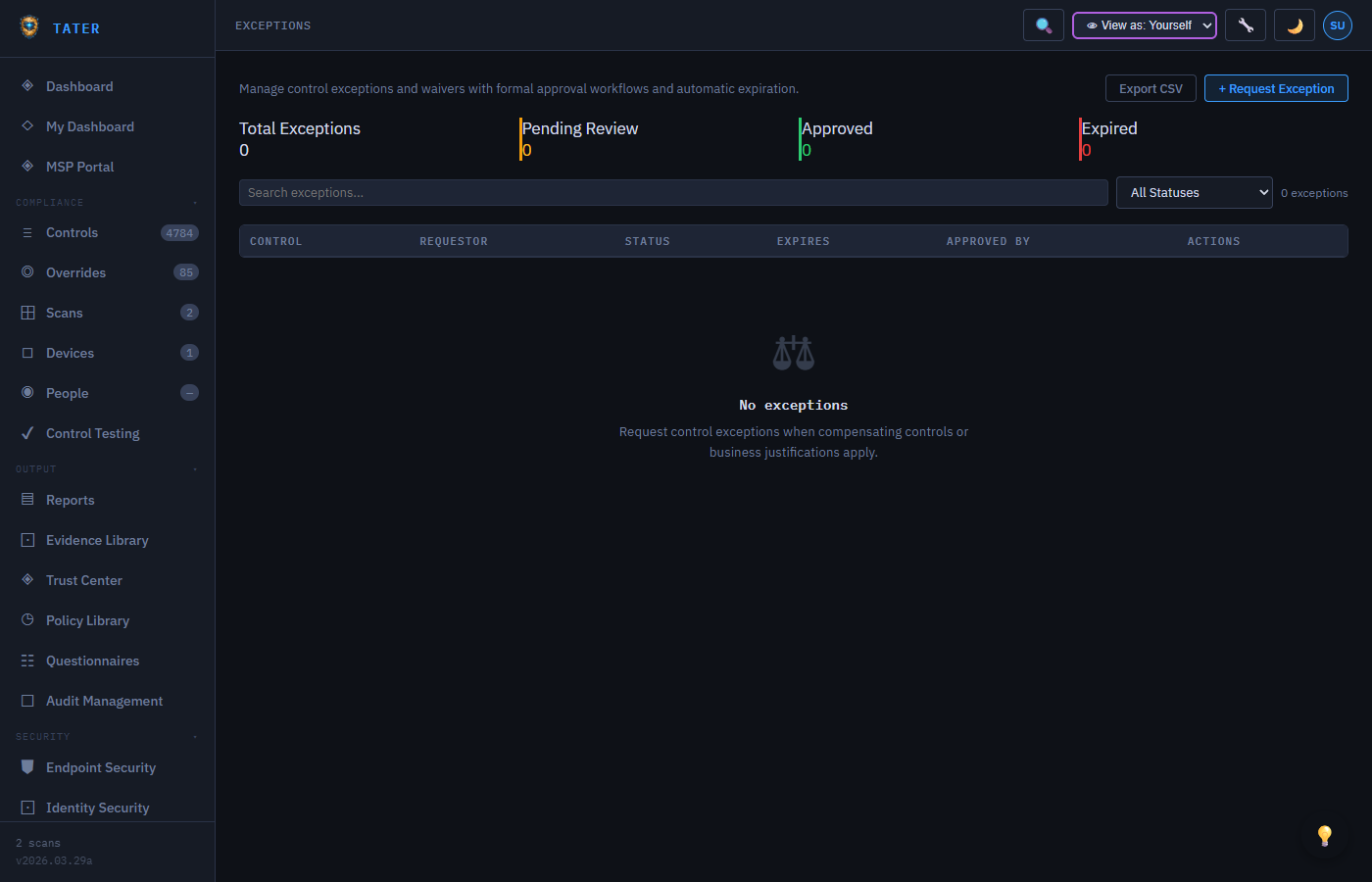 TATER Exception Management showing exception requests with approval status