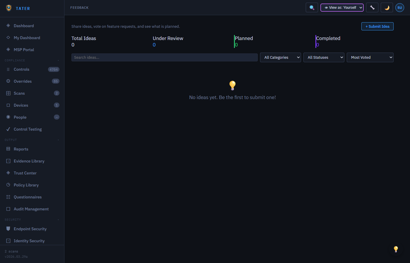 TATER Feedback Board showing feature requests with voting and status tracking