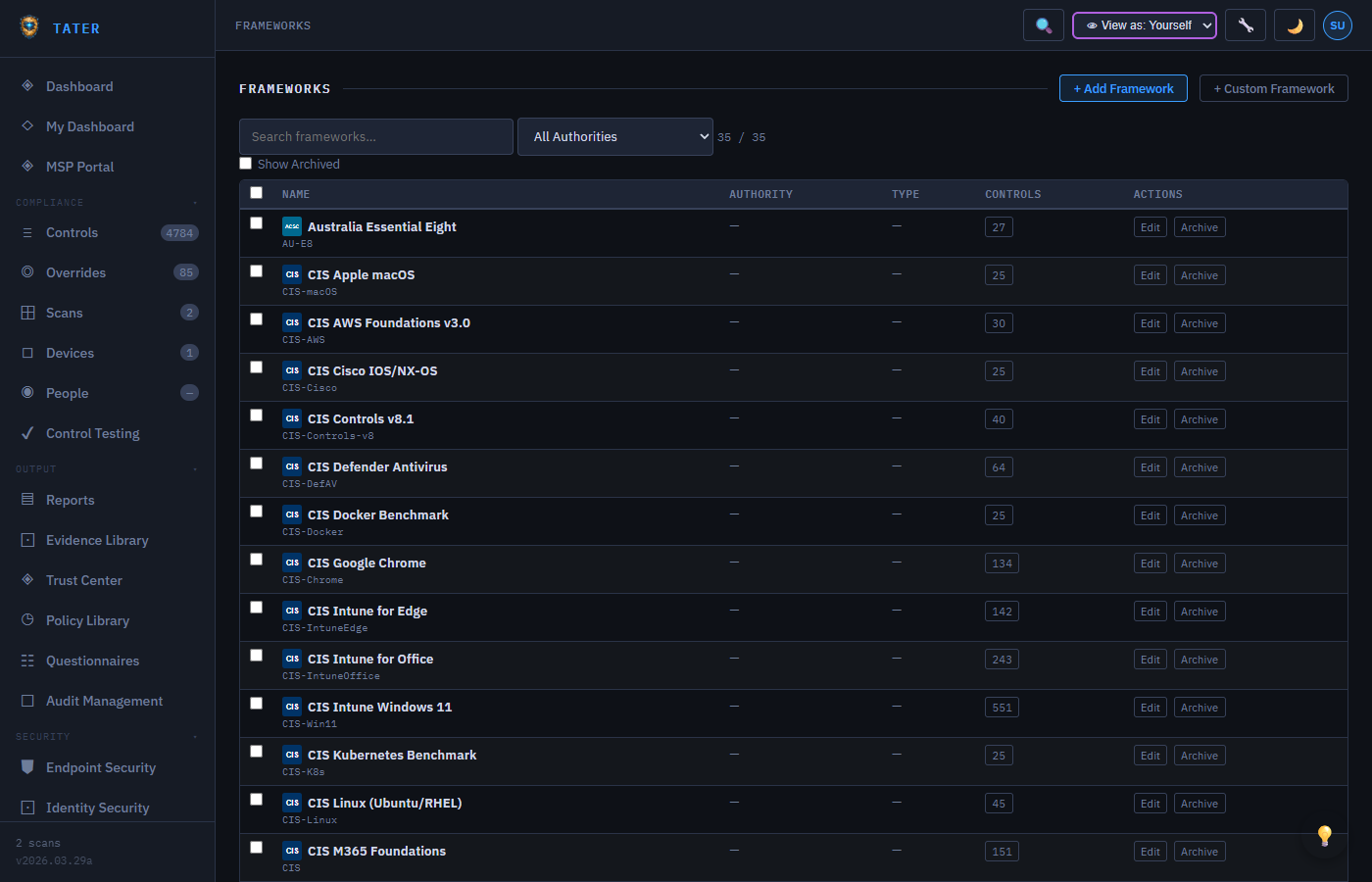 TATER Frameworks page showing framework list with compliance scores and control mappings