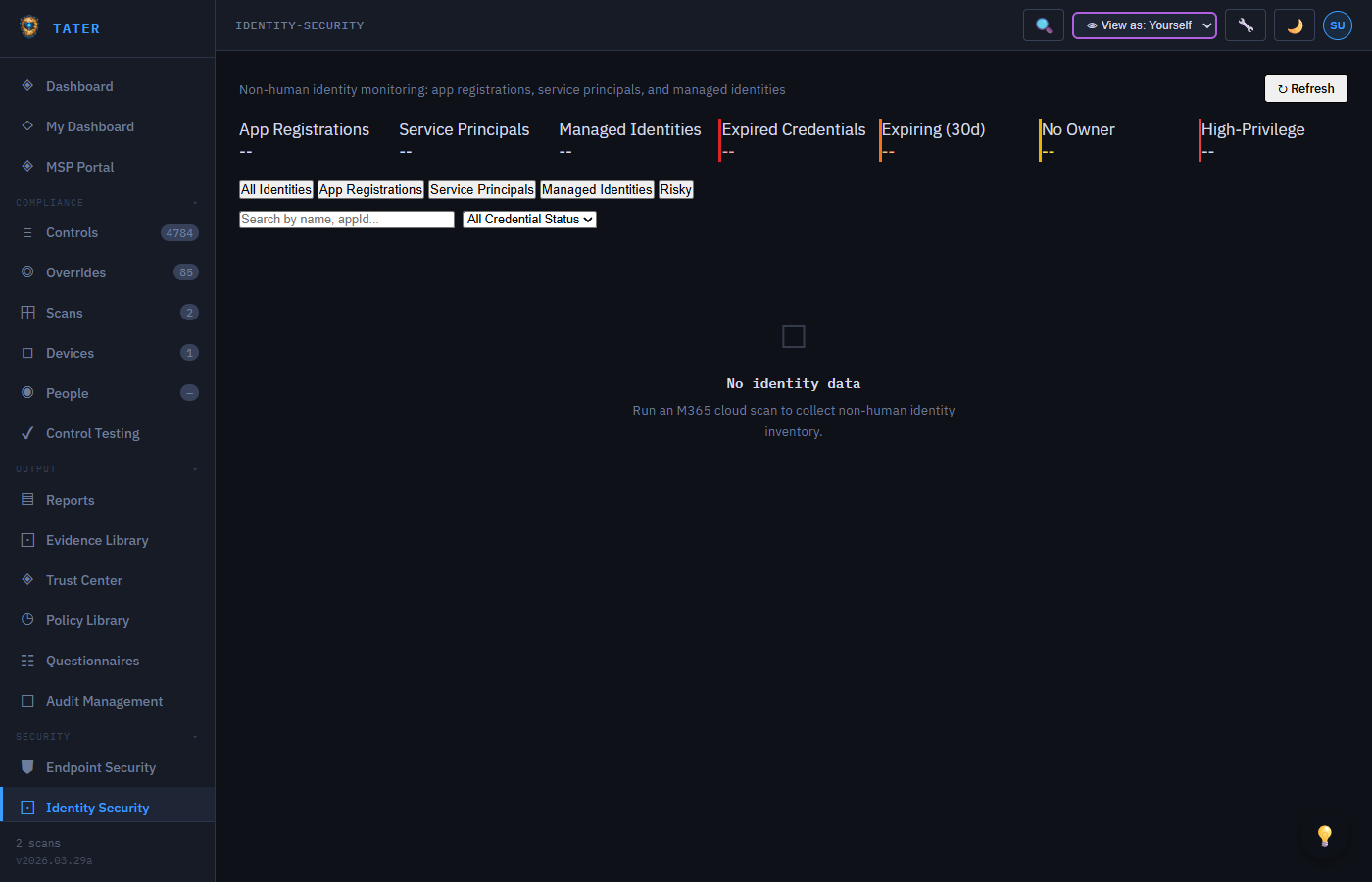 TATER Identity Security dashboard showing user risk, MFA status, and privileged access