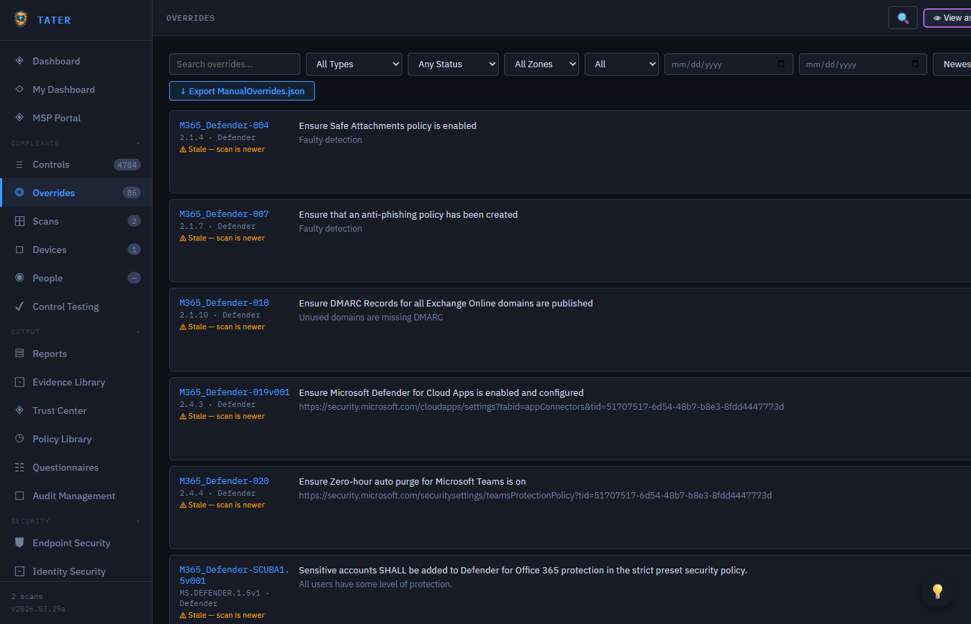 TATER Overrides page showing risk acceptance records