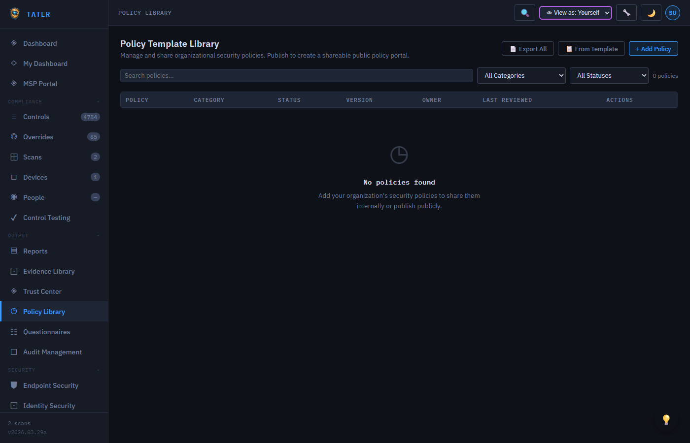 TATER Policy Library showing templates and generated documents