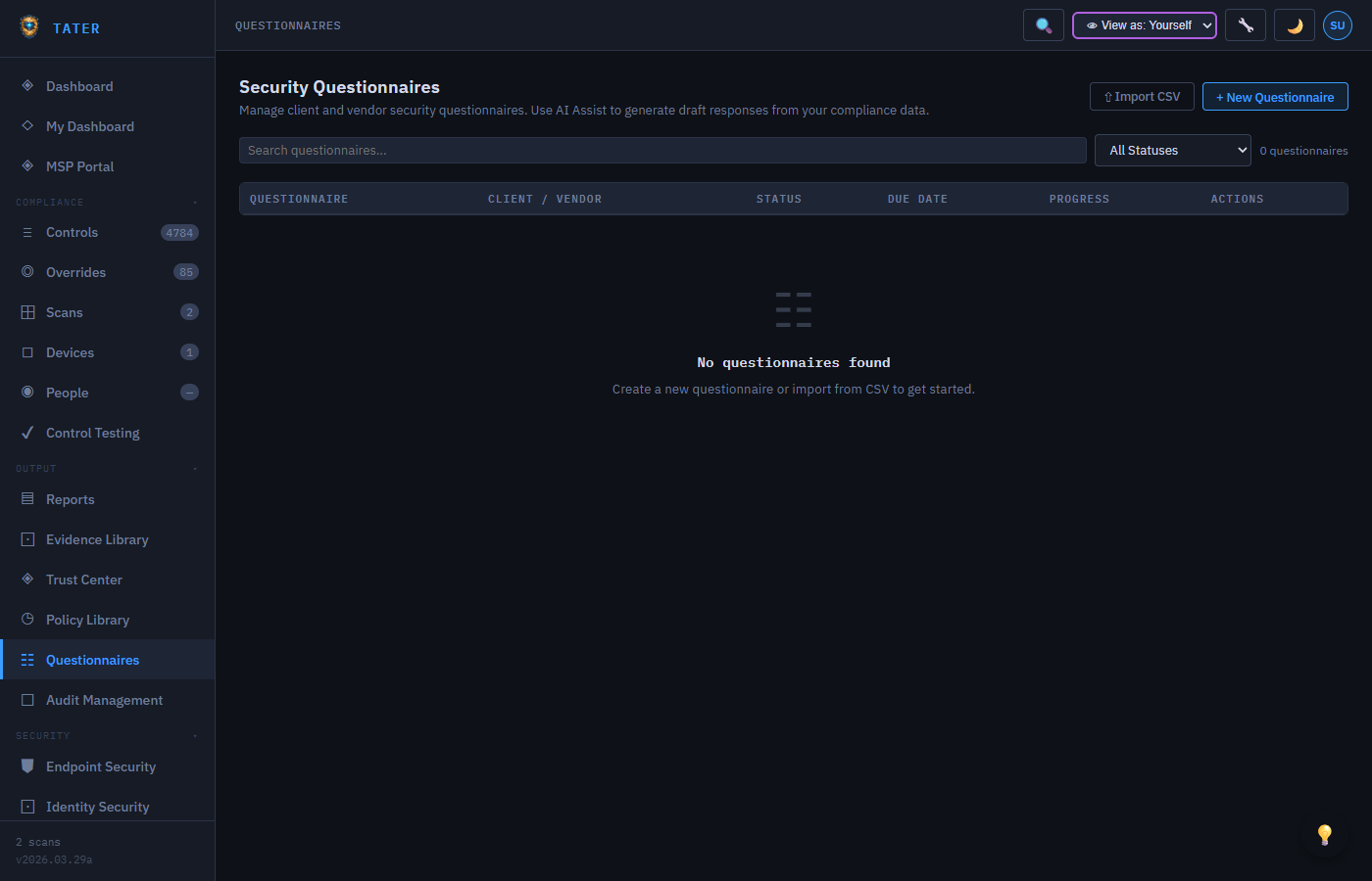 TATER Questionnaires showing questionnaire builder with AI-assisted responses