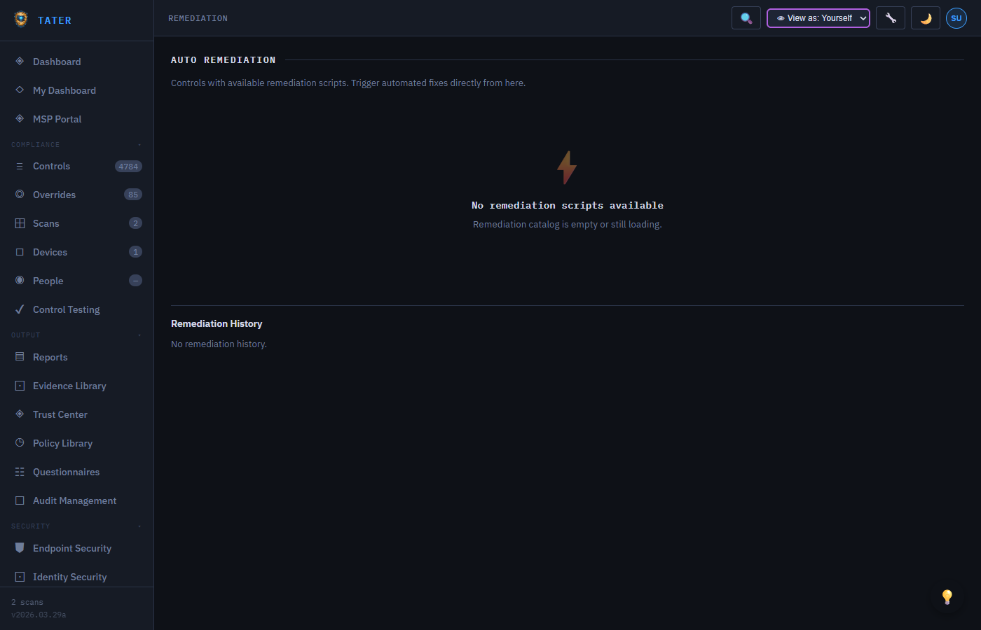 TATER Automated Remediation showing remediation catalog and job status