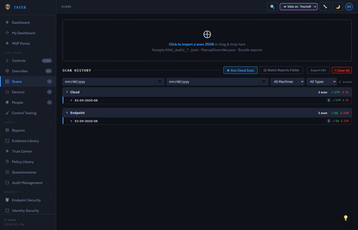 TATER Scans page showing scan list grouped by type with import and trigger options
