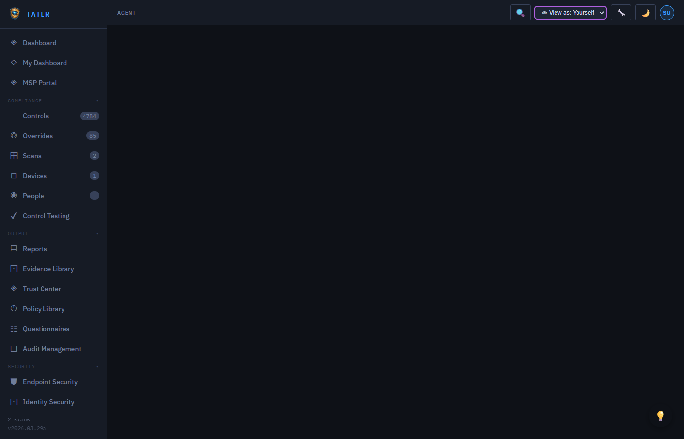 TATER Agent settings showing deployment KPIs, platform tabs, and download options