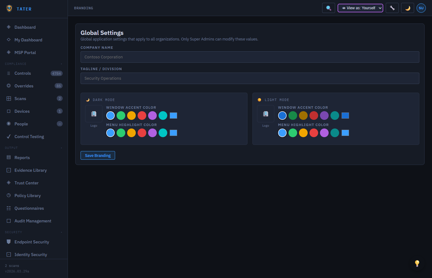 TATER Branding settings showing logo, company name, accent color, and theme options
