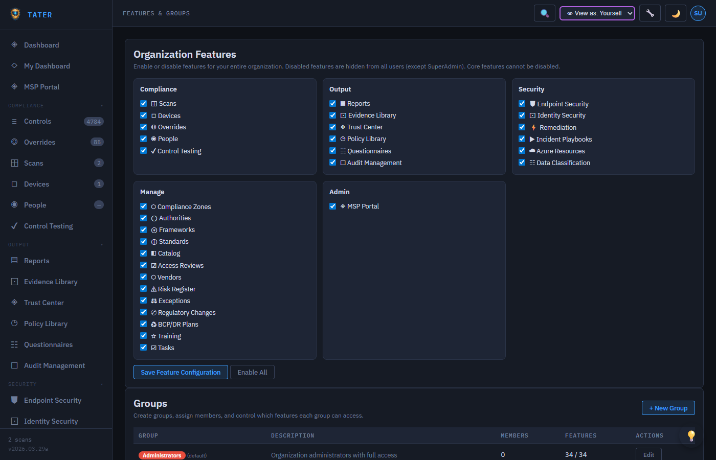 TATER Features settings showing intelligence toggles, feature control, and user group permissions