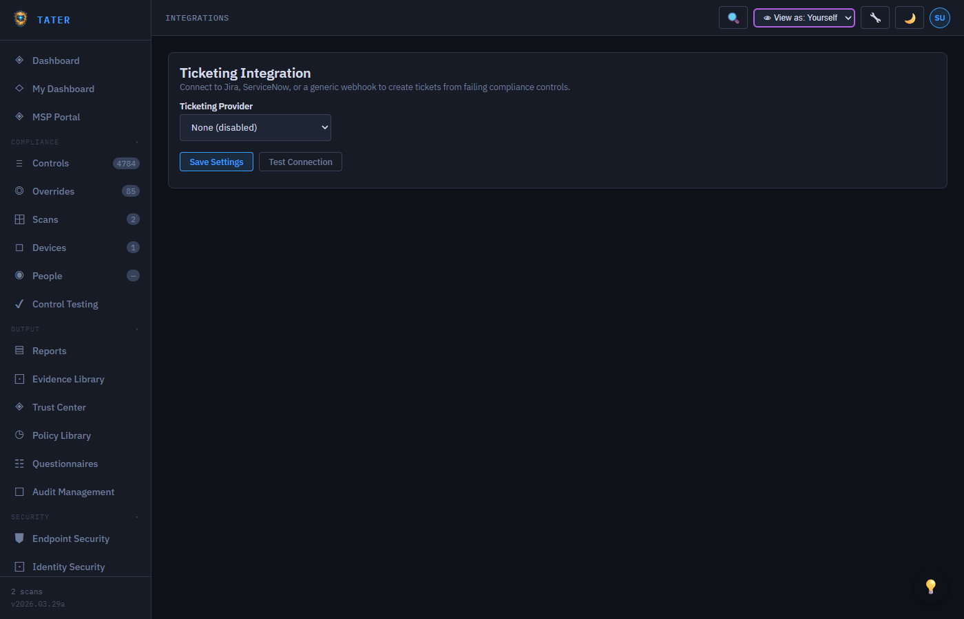 TATER Integrations settings showing SIEM, API keys, and webhook configuration