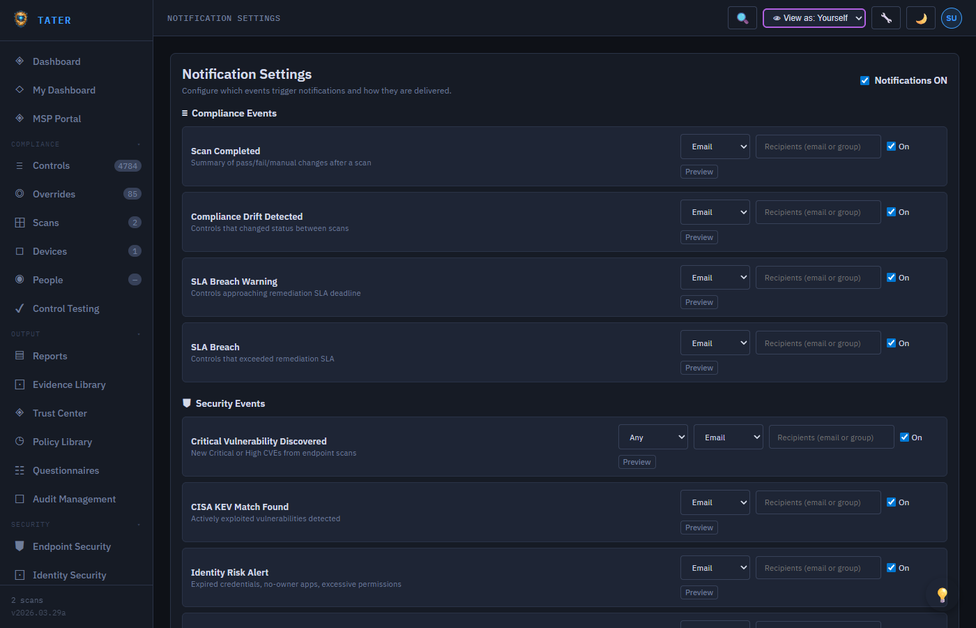 TATER Notification settings showing email alerts, digest frequency, and event types