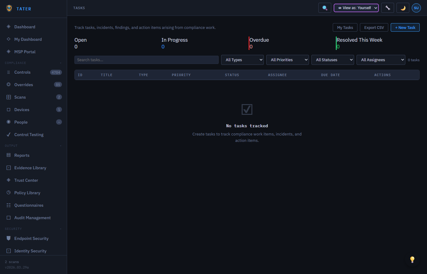 TATER Task Tracking showing task list with assignees, due dates, and status