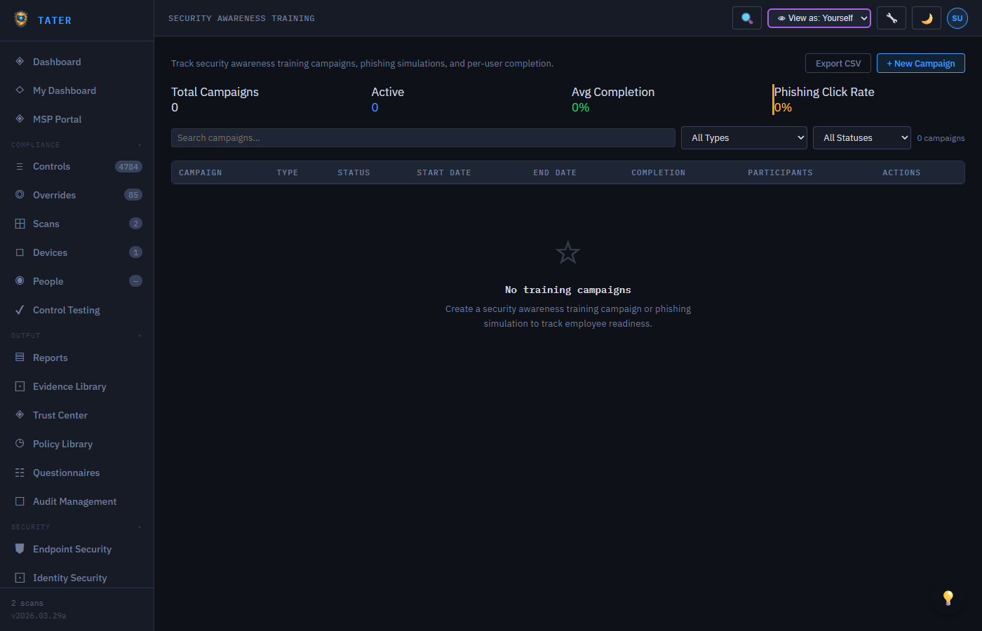 TATER Training module showing campaigns, completion tracking, and phishing simulation results