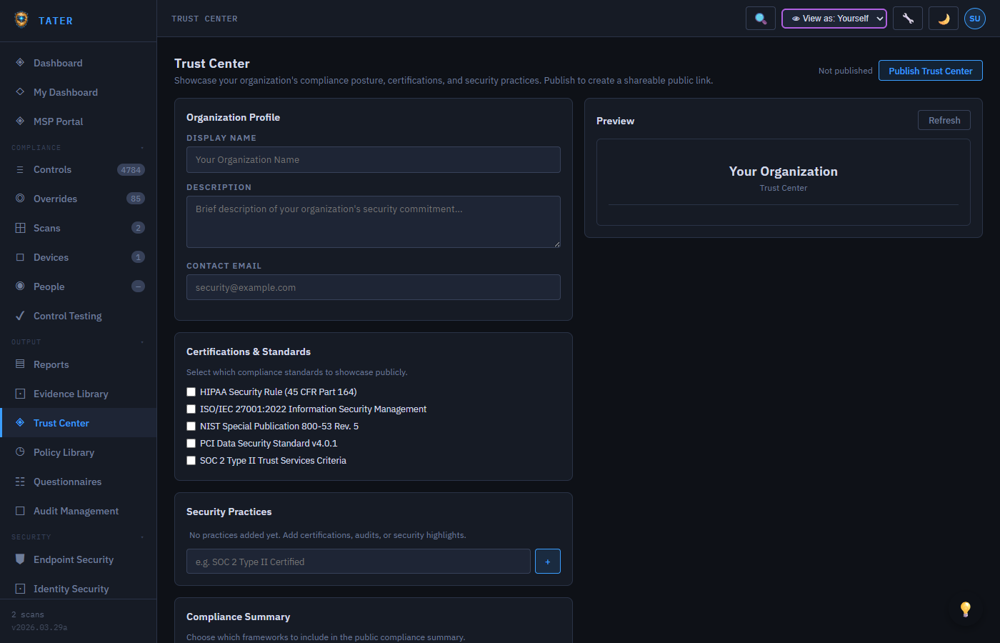 TATER Trust Center showing public-facing compliance dashboard with framework scores