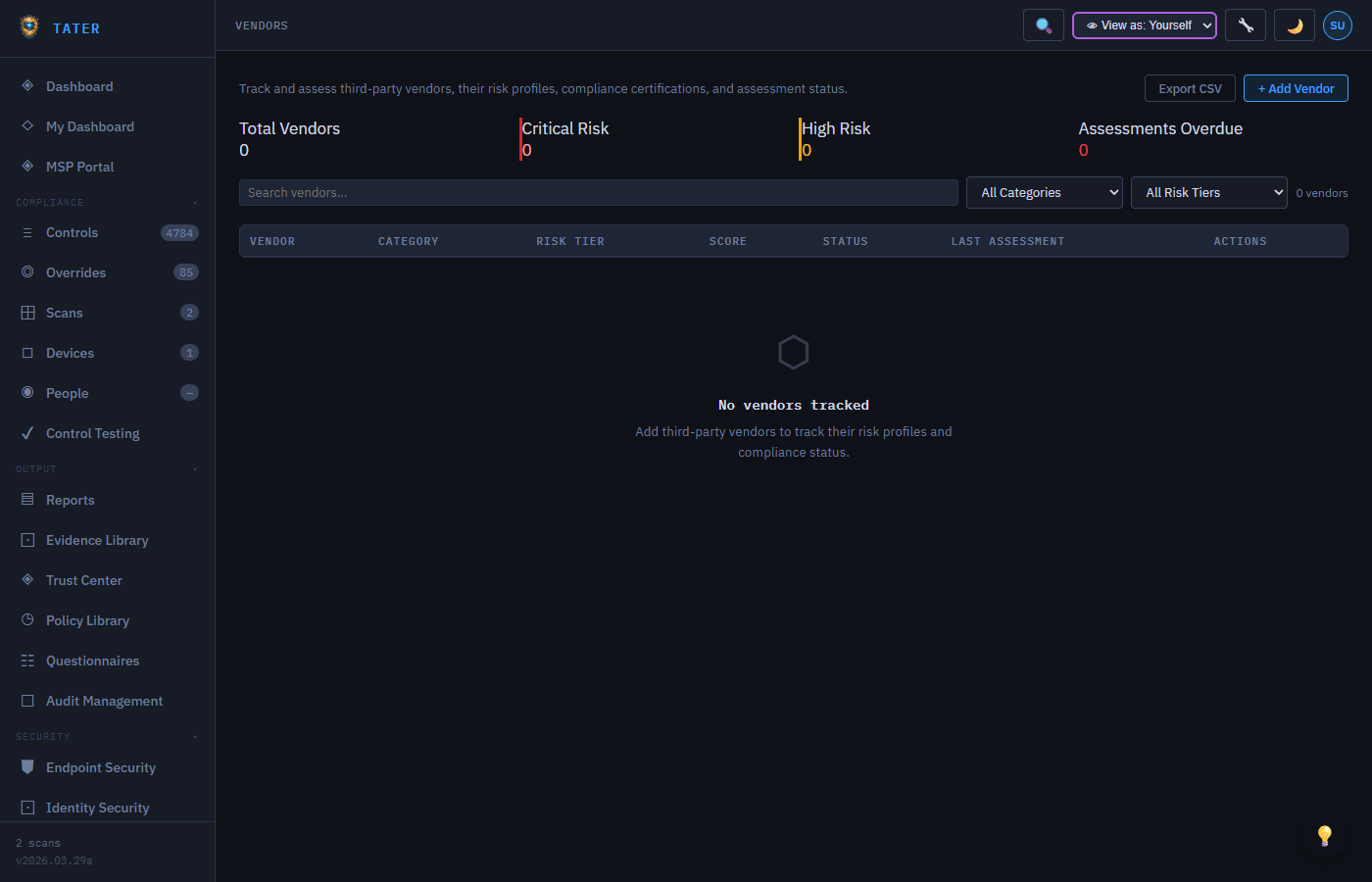 TATER Vendor Management showing vendor list with risk tiers and assessment status