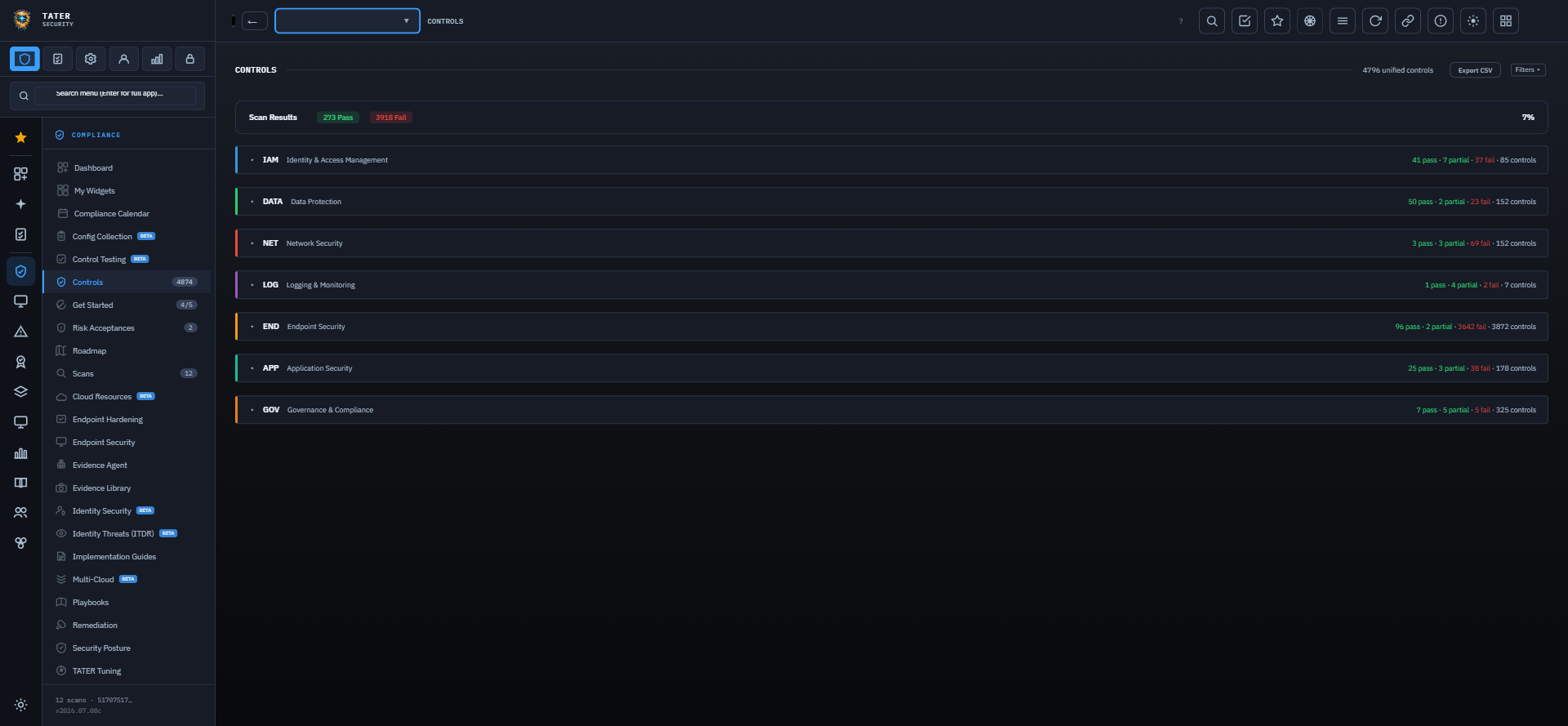 The TATER Security unified controls view: pass/fail posture grouped by security domain