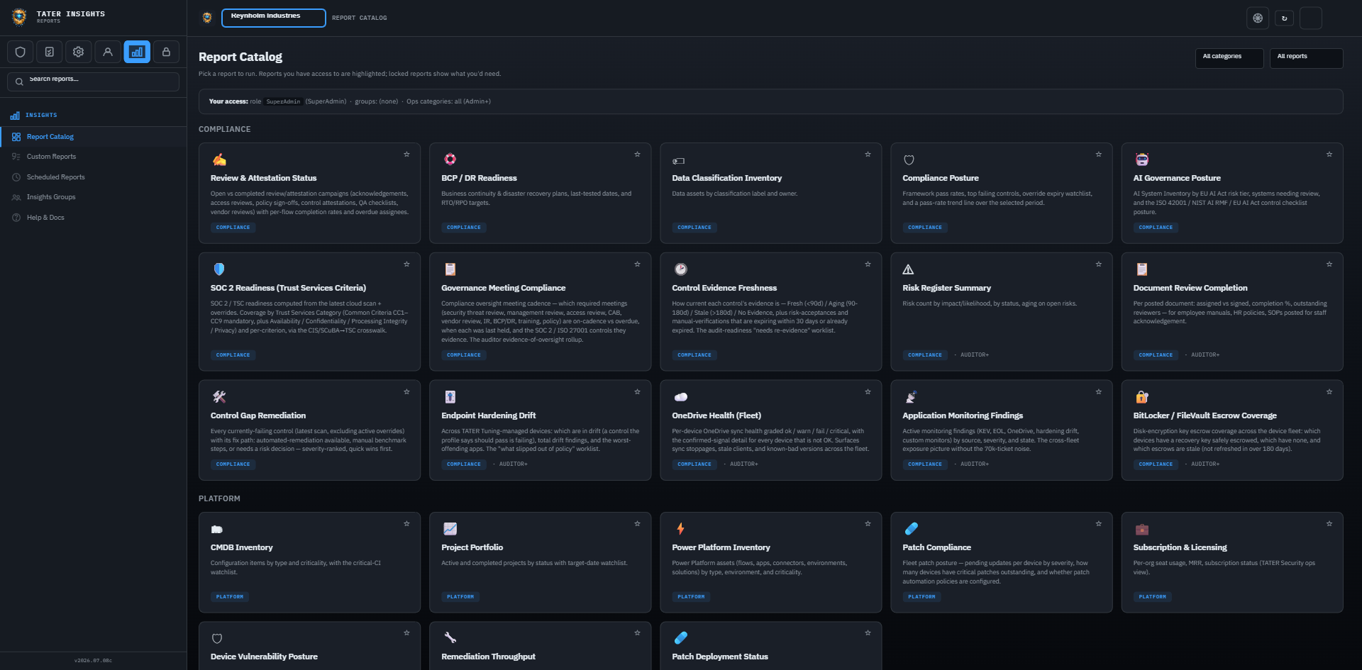 The TATER Insights report catalog: compliance and platform reports with access-scoped visibility